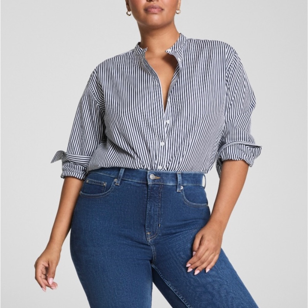 Spanx Poplin Button Up Tunic Women Size 3X Navy White Striped Nautical Coastal